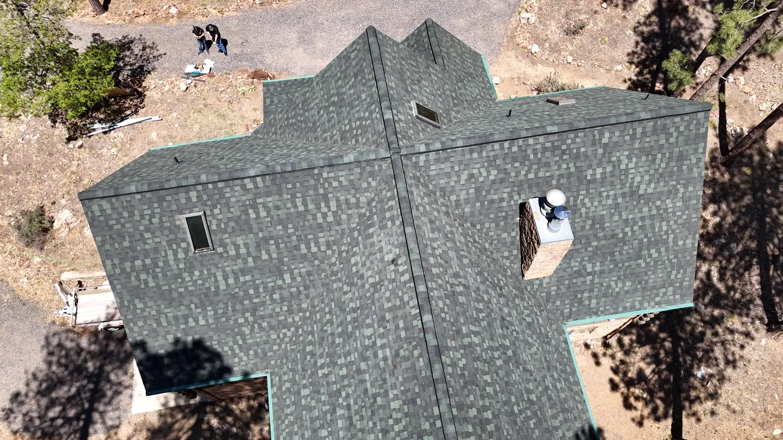 Drone view of a finished Prescott roofing project