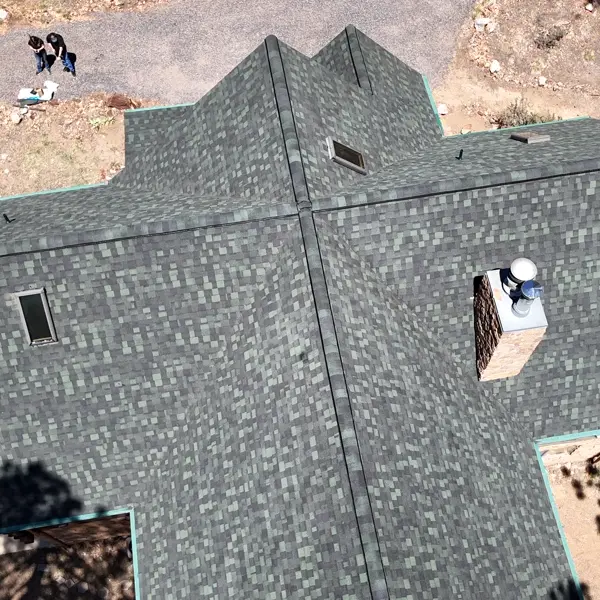 Drone view of a completed shingle roof in Prescott