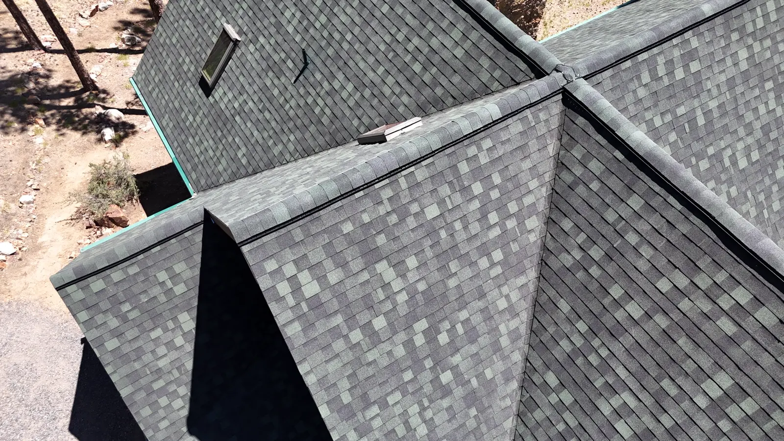 Aerial photo of a Prescott home re-roof by Grand Canyon Roofing
