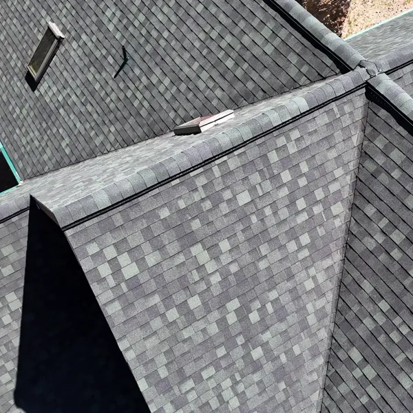 Aerial view of a finished roof replacement in the Tri-City area